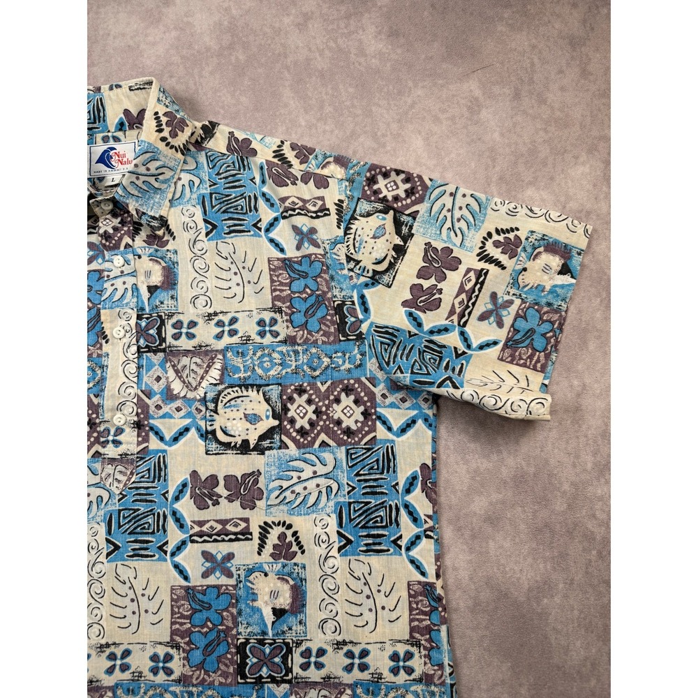 Nui Nalu Mens Blue Tribal Fish Block Print Hawaiian Popover Shirt Large Hawaii - Picture 8 of 10